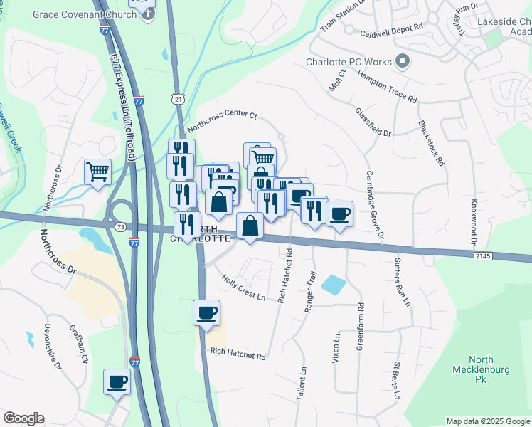 map of restaurants, bars, coffee shops, grocery stores, and more near 9801 Sam Furr Road in Huntersville
