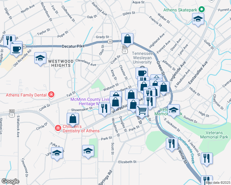 map of restaurants, bars, coffee shops, grocery stores, and more near West College Street in Athens