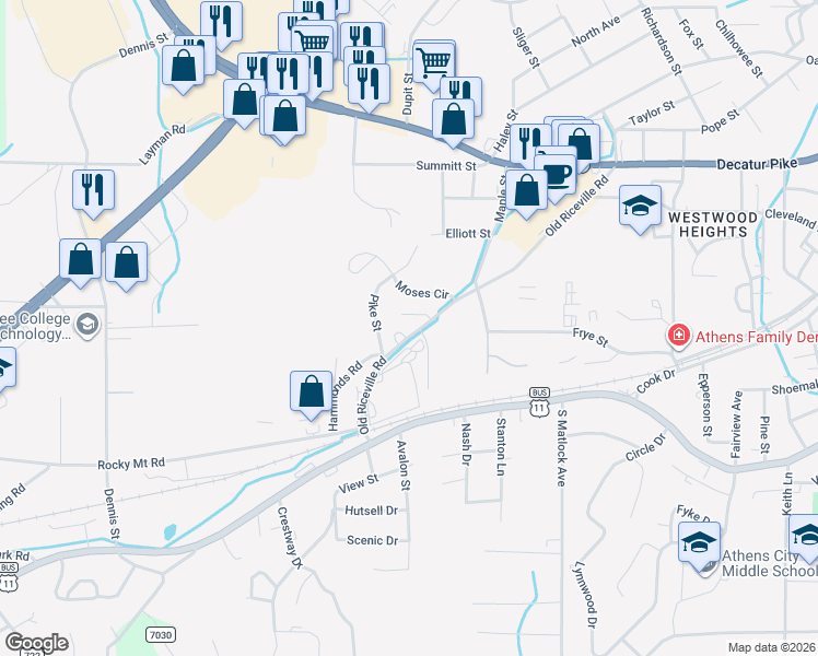 map of restaurants, bars, coffee shops, grocery stores, and more near 112 Aldridge Ln in Athens