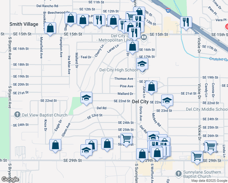 map of restaurants, bars, coffee shops, grocery stores, and more near 3912 Pine Avenue in Del City