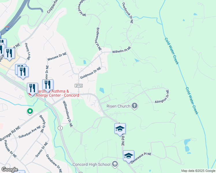map of restaurants, bars, coffee shops, grocery stores, and more near 720 Burrage Road Northeast in Concord