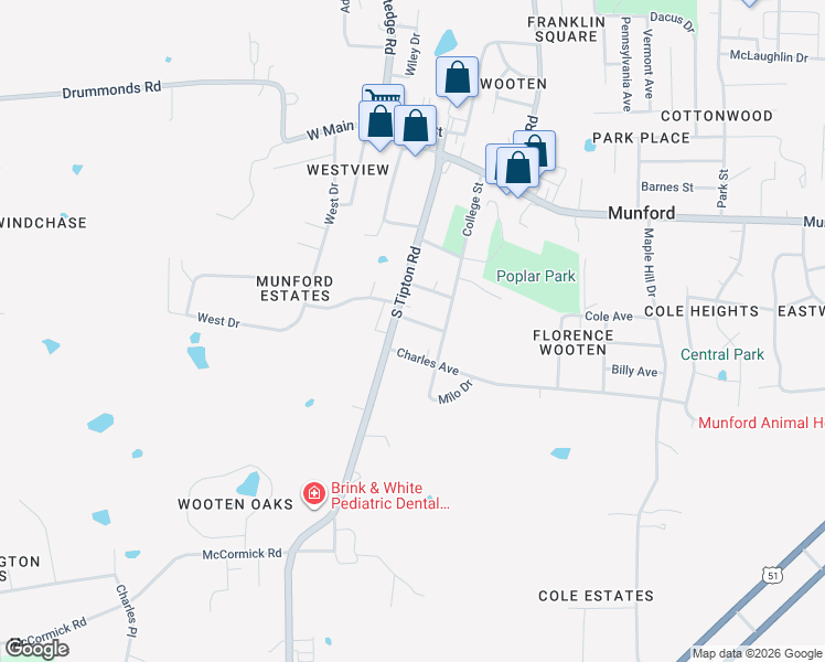 map of restaurants, bars, coffee shops, grocery stores, and more near 60 Wooten Avenue in Munford