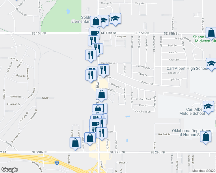 map of restaurants, bars, coffee shops, grocery stores, and more near 9109 Orchard Boulevard in Midwest City