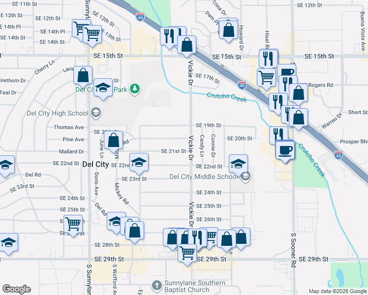 map of restaurants, bars, coffee shops, grocery stores, and more near 2108 Vickie Drive in Del City