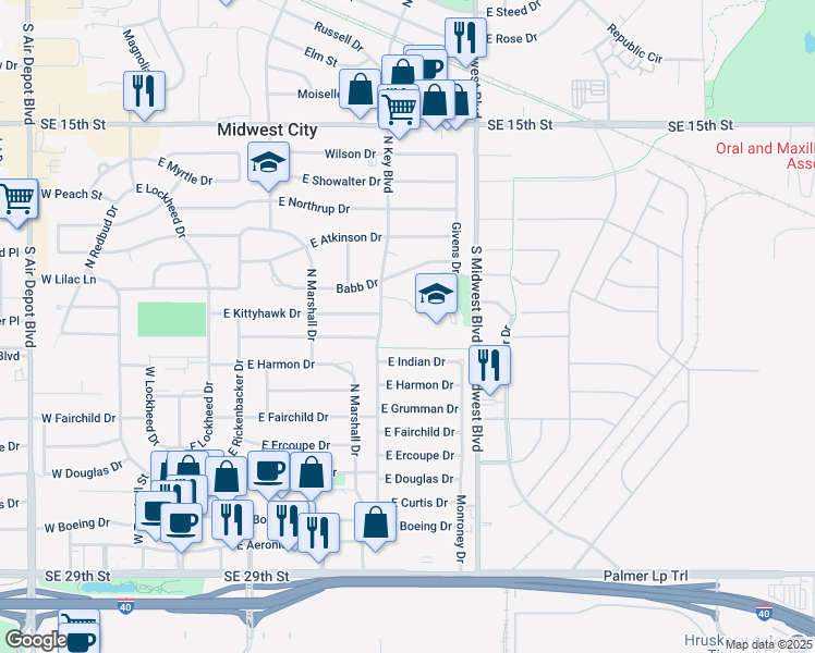 map of restaurants, bars, coffee shops, grocery stores, and more near 600 North key Boulevard in Midwest City