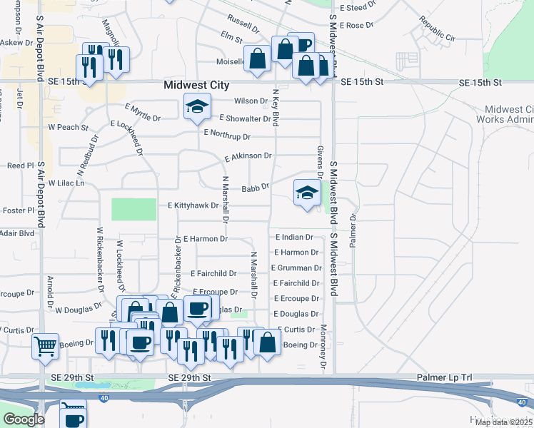 map of restaurants, bars, coffee shops, grocery stores, and more near 800 North key Boulevard in Midwest City