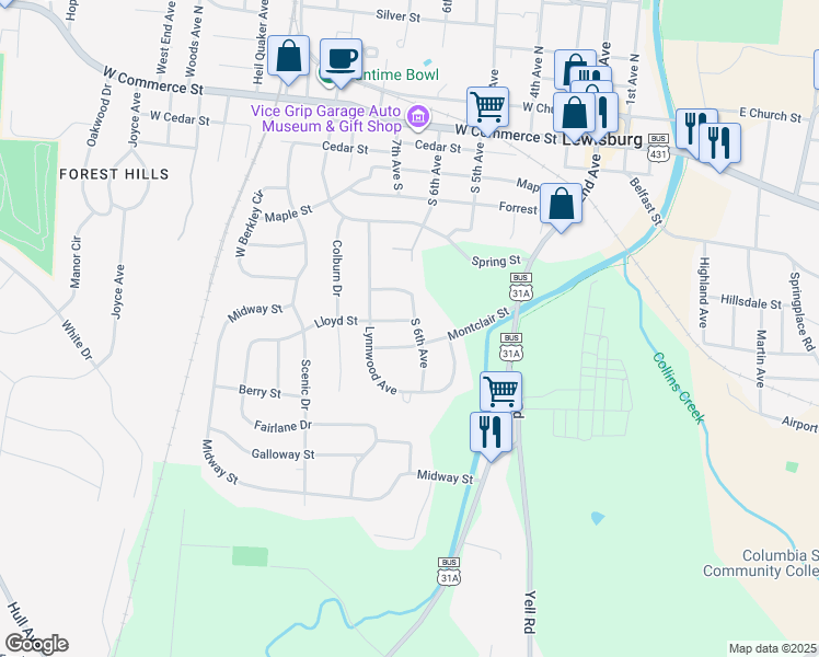 map of restaurants, bars, coffee shops, grocery stores, and more near 541 South 6th Avenue in Lewisburg