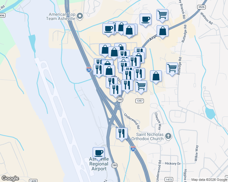 map of restaurants, bars, coffee shops, grocery stores, and more near 550 Airport Road in Arden