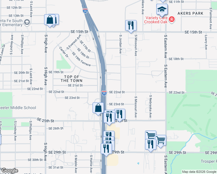 map of restaurants, bars, coffee shops, grocery stores, and more near 2220 South Prospect Avenue in Oklahoma City