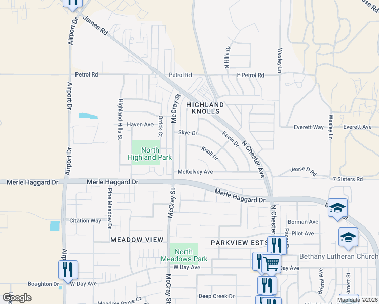 map of restaurants, bars, coffee shops, grocery stores, and more near 4601 Knoll Drive in Bakersfield