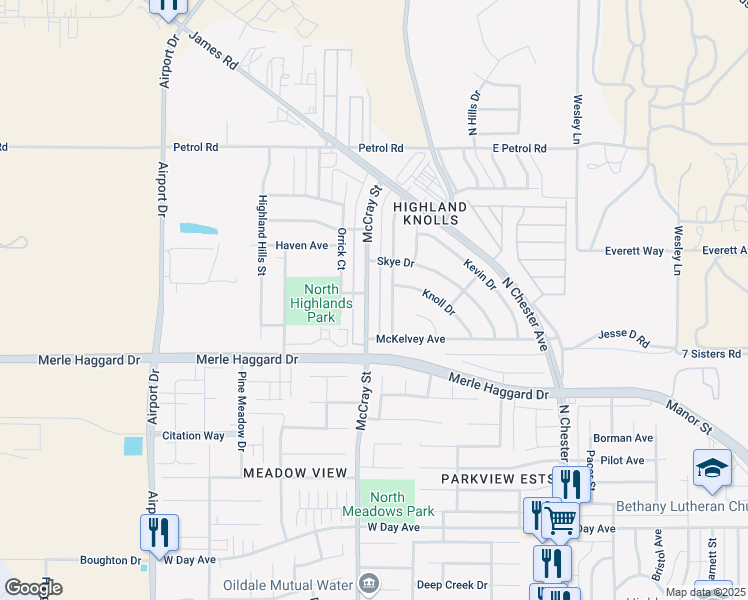map of restaurants, bars, coffee shops, grocery stores, and more near 4300 McCray Street in Bakersfield