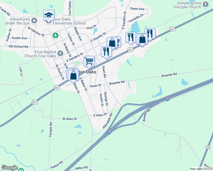 map of restaurants, bars, coffee shops, grocery stores, and more near 204 Keen Road in Four Oaks