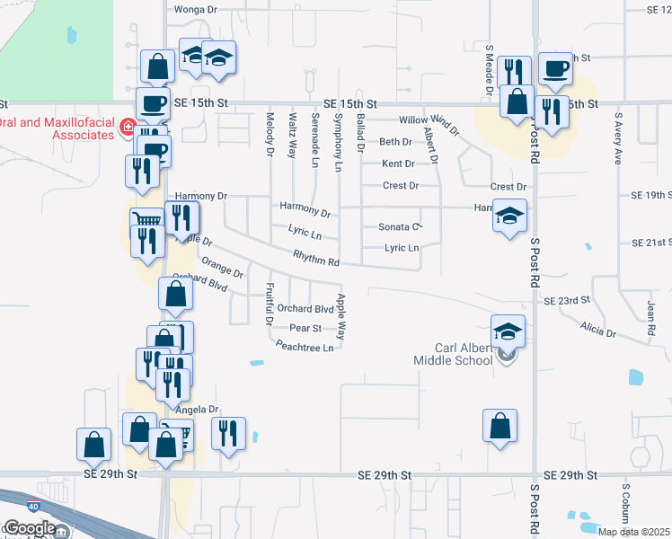 map of restaurants, bars, coffee shops, grocery stores, and more near 1940 Symphony Lane in Midwest City