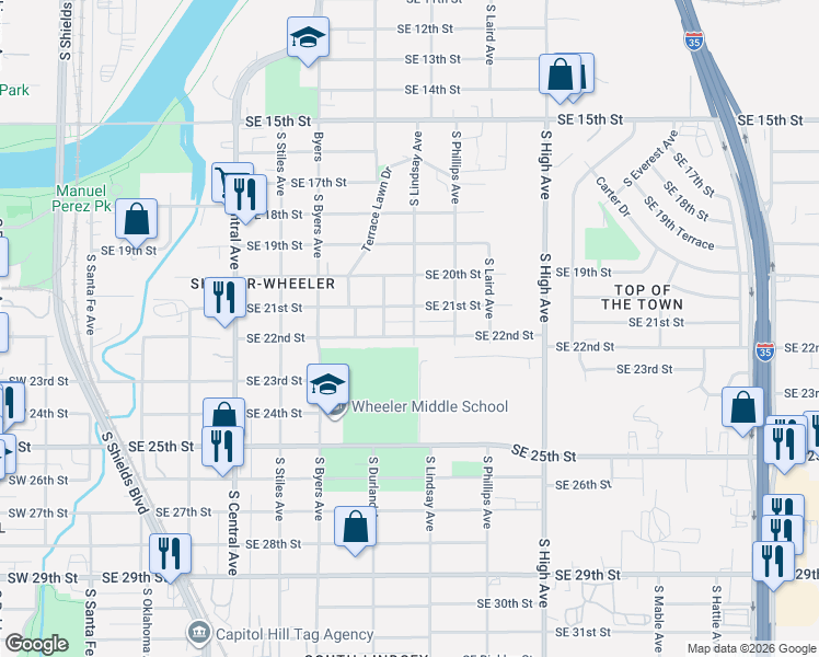 map of restaurants, bars, coffee shops, grocery stores, and more near 646 Southeast 21st Street in Oklahoma City