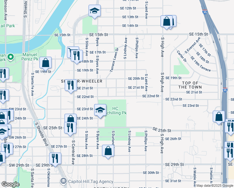 map of restaurants, bars, coffee shops, grocery stores, and more near 608 Southeast 21st Street in Oklahoma City