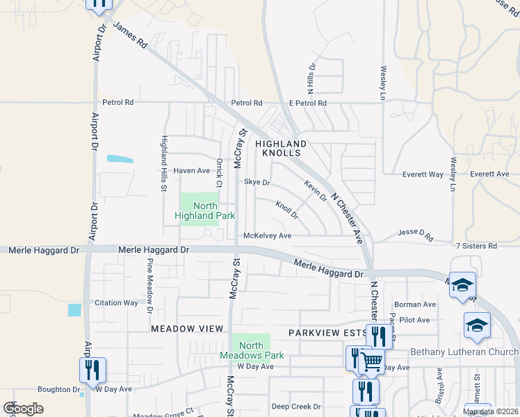 map of restaurants, bars, coffee shops, grocery stores, and more near 4601 Knoll Drive in Bakersfield