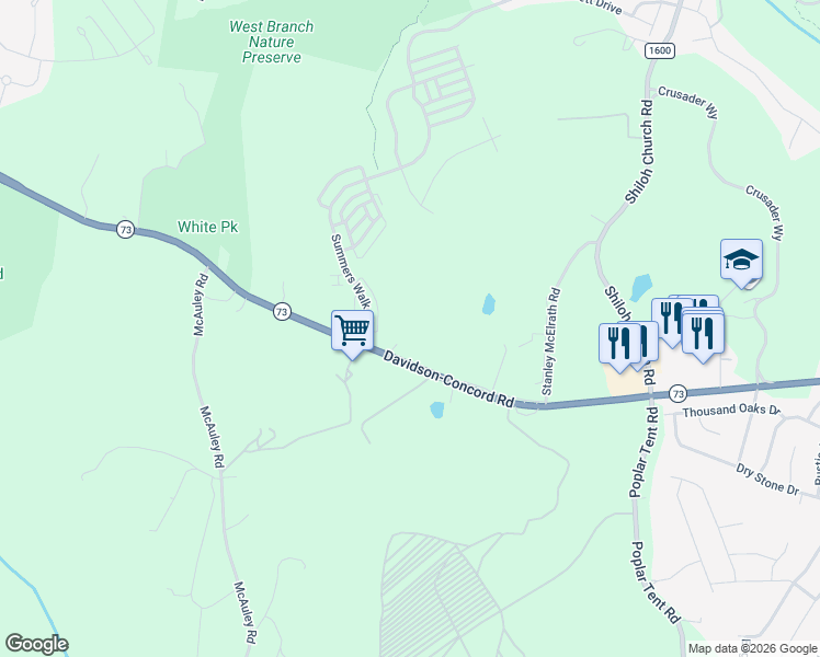 map of restaurants, bars, coffee shops, grocery stores, and more near 16010 Davidson-Concord Road in Davidson