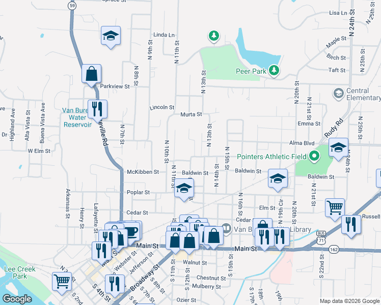 map of restaurants, bars, coffee shops, grocery stores, and more near 613 North 12th Street in Van Buren