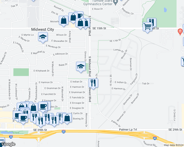 map of restaurants, bars, coffee shops, grocery stores, and more near 2216 South Midwest Boulevard in Midwest City
