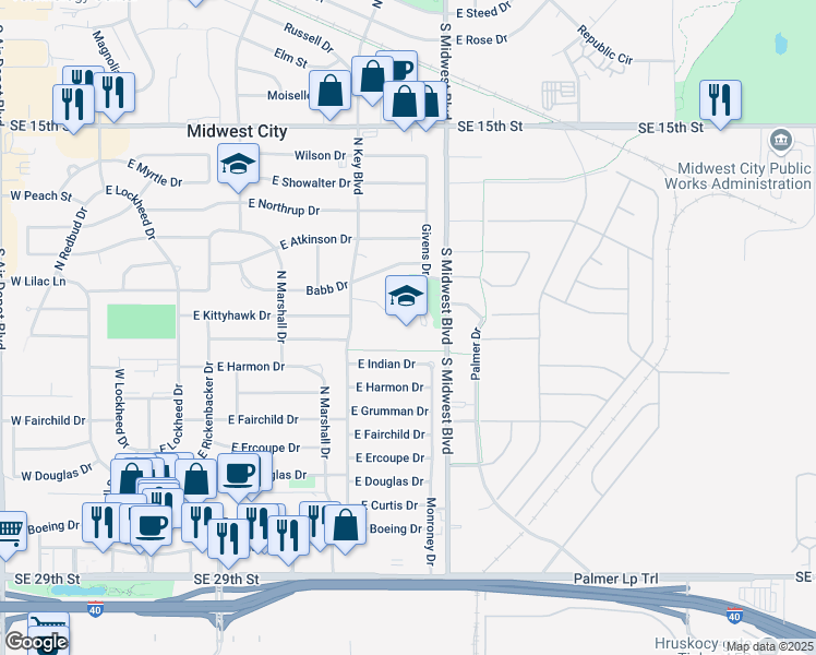 map of restaurants, bars, coffee shops, grocery stores, and more near 2211 South Midwest Boulevard in Oklahoma City