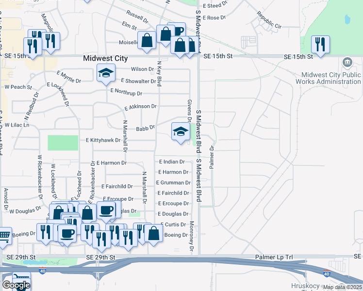 map of restaurants, bars, coffee shops, grocery stores, and more near 2211 South Midwest Boulevard in Oklahoma City