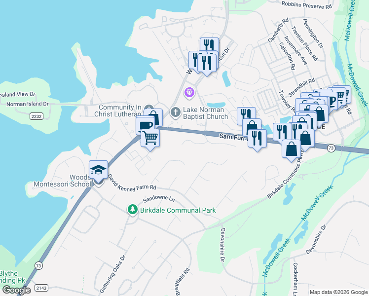 map of restaurants, bars, coffee shops, grocery stores, and more near 8010 Maxwelton Drive in Huntersville