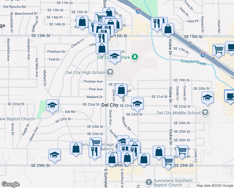 map of restaurants, bars, coffee shops, grocery stores, and more near 2112 June Lane in Del City