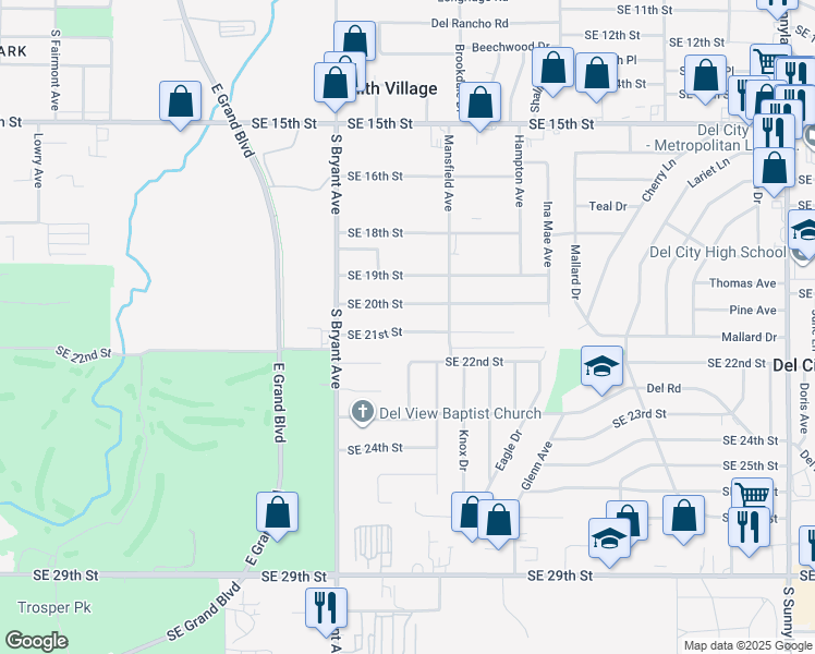 map of restaurants, bars, coffee shops, grocery stores, and more near 3107 Southeast 21st Street in Del City