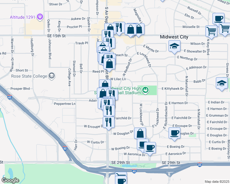 map of restaurants, bars, coffee shops, grocery stores, and more near 706 North Redbud Drive in Midwest City