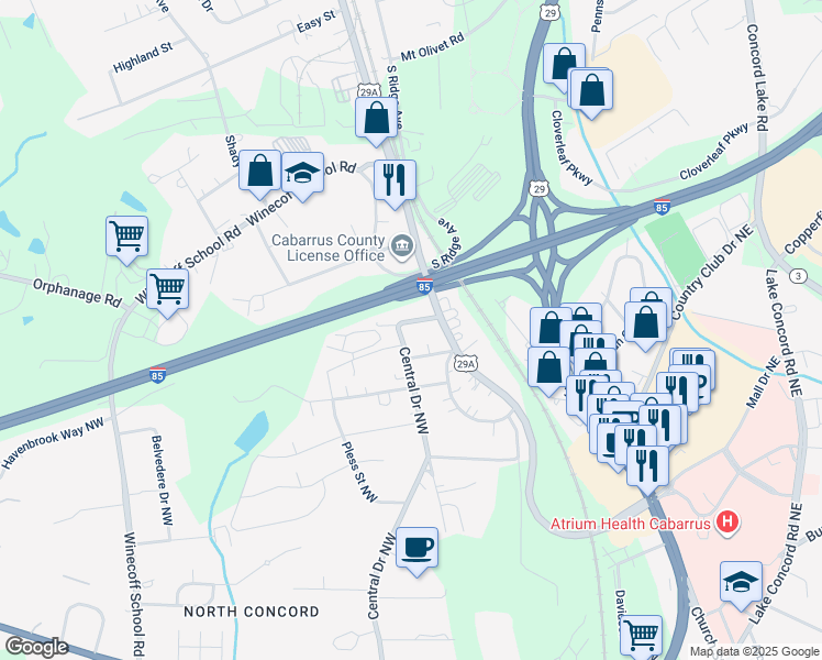 map of restaurants, bars, coffee shops, grocery stores, and more near 7 Mills Avenue Northwest in Concord