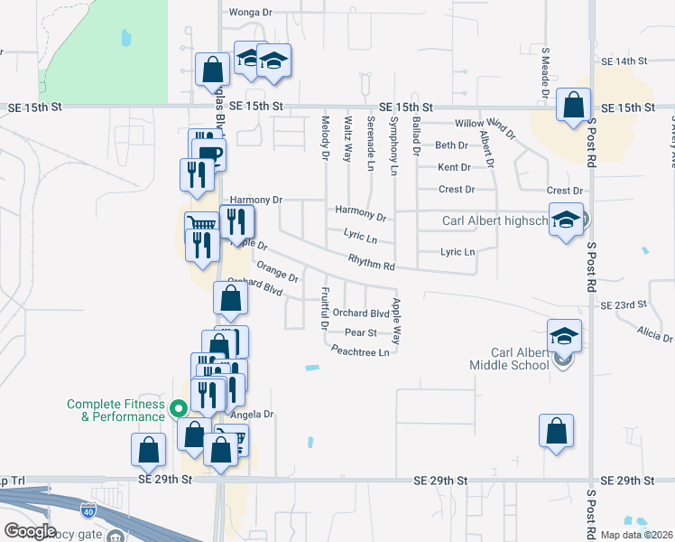 map of restaurants, bars, coffee shops, grocery stores, and more near 9320 Rhythm Road in Midwest City