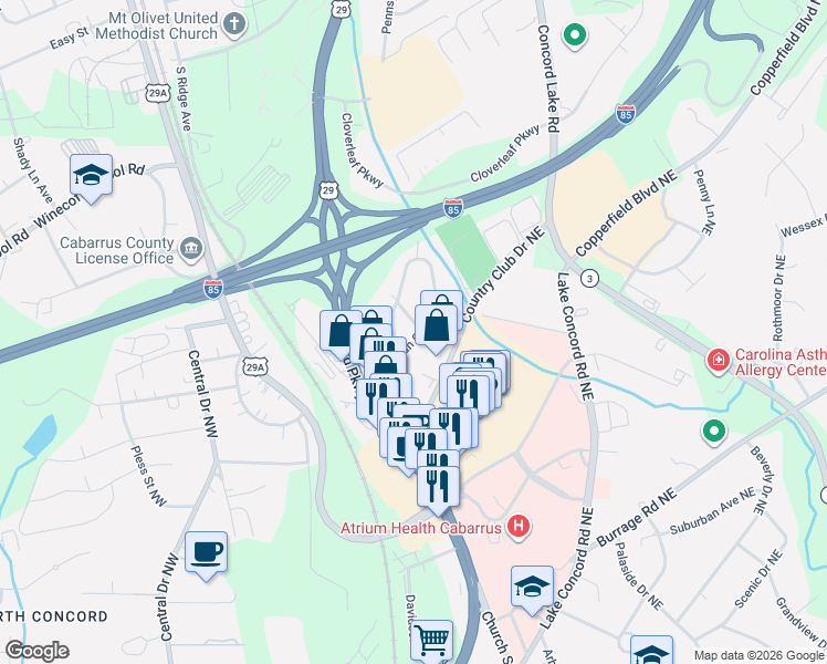 map of restaurants, bars, coffee shops, grocery stores, and more near 121 Goodman Circle Northeast in Concord