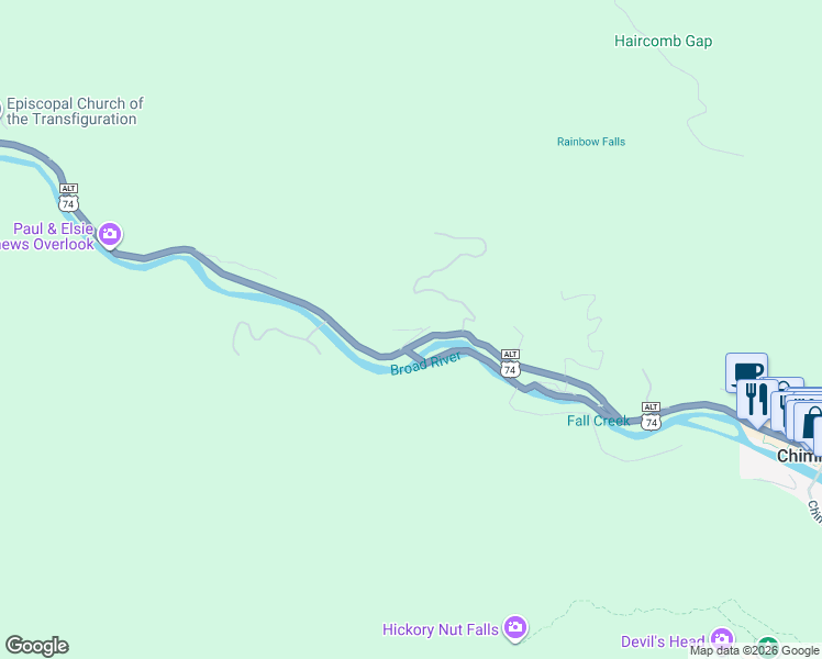 map of restaurants, bars, coffee shops, grocery stores, and more near 140 Wilderness Road in Lake Lure