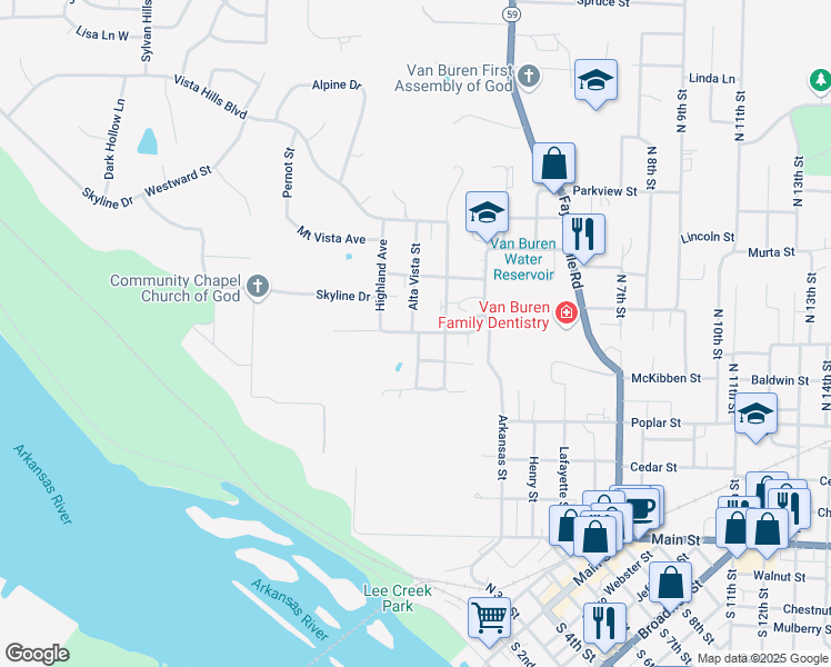 map of restaurants, bars, coffee shops, grocery stores, and more near 603 Alta Vista Avenue in Van Buren