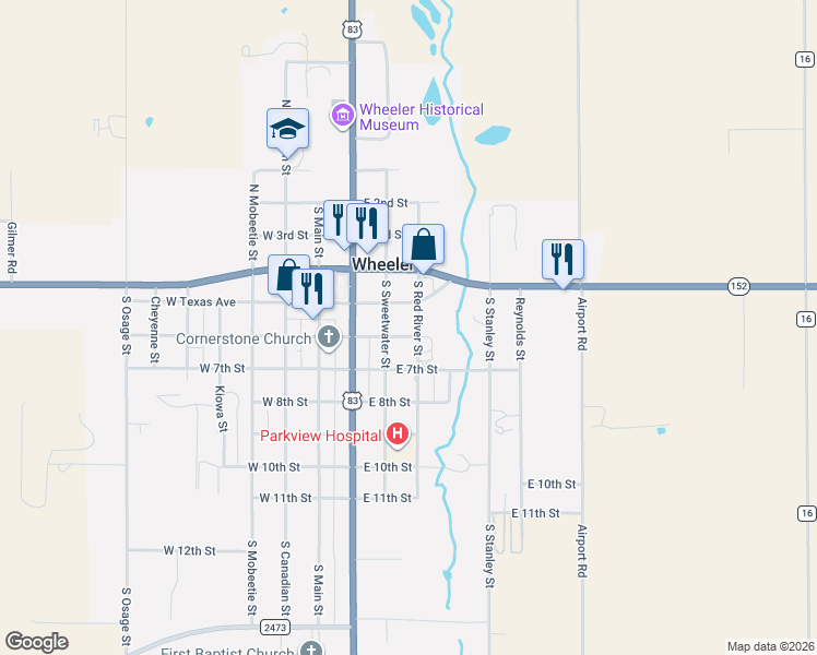 map of restaurants, bars, coffee shops, grocery stores, and more near 501-599 South Sweetwater Street in Wheeler