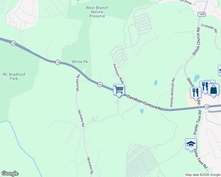 map of restaurants, bars, coffee shops, grocery stores, and more near 16040 Davidson-Concord Road in Davidson