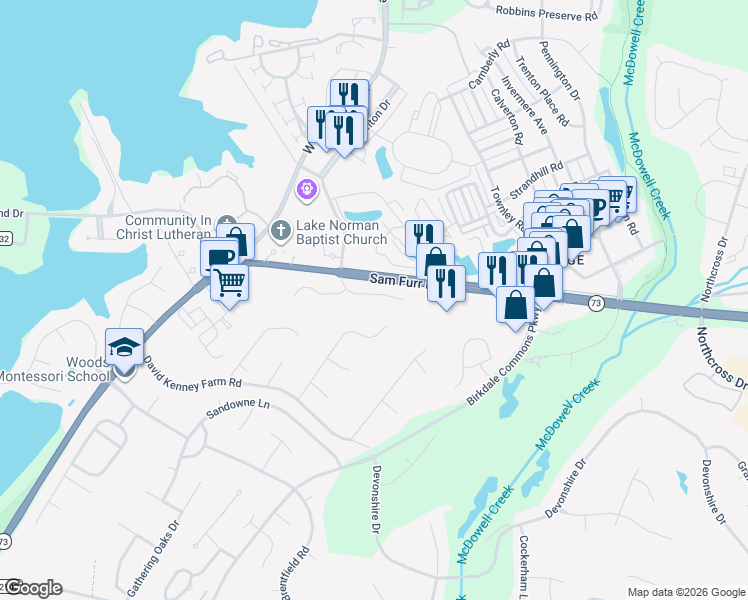 map of restaurants, bars, coffee shops, grocery stores, and more near 16537 Glenfurness Drive in Huntersville