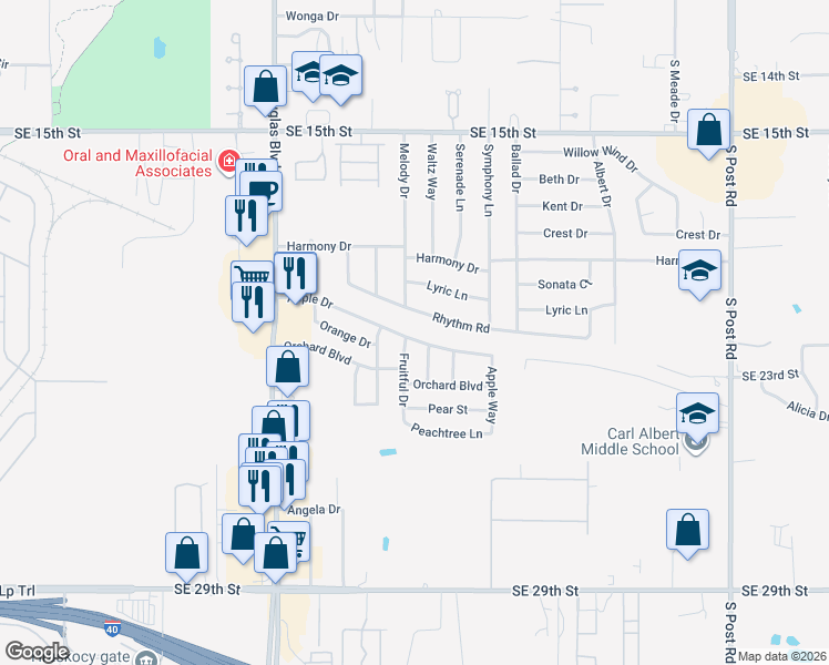 map of restaurants, bars, coffee shops, grocery stores, and more near 9313 Apple Drive in Midwest City