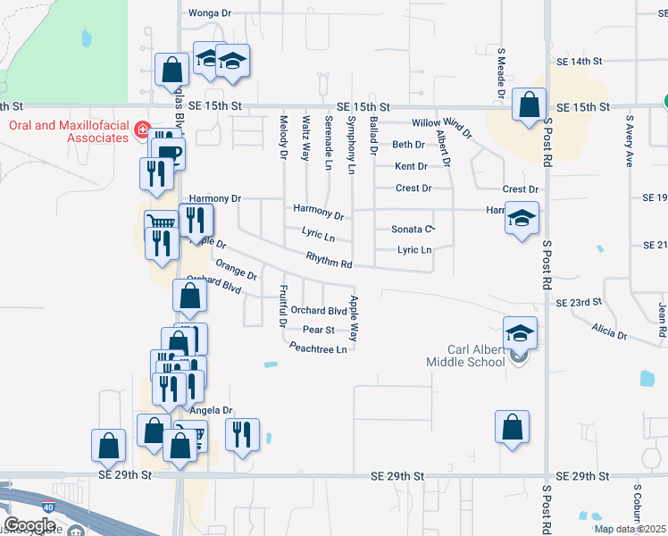 map of restaurants, bars, coffee shops, grocery stores, and more near 9416 Rhythm Road in Midwest City