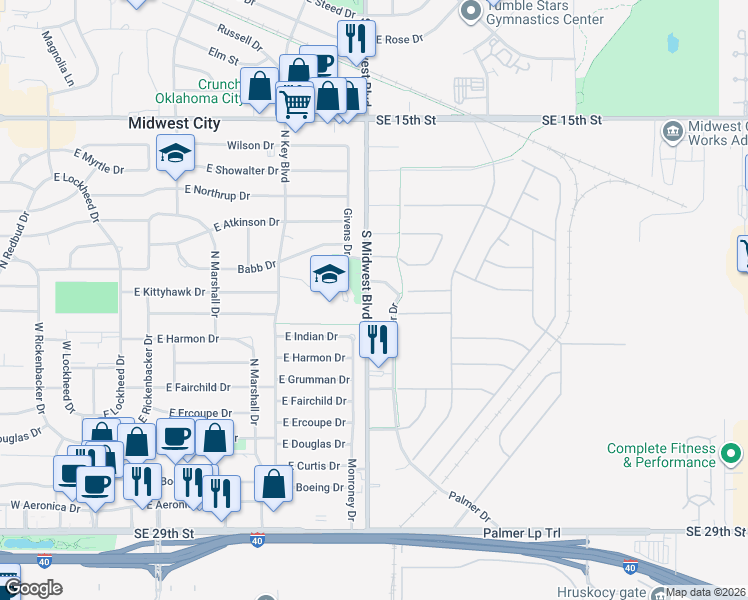 map of restaurants, bars, coffee shops, grocery stores, and more near 2212 South Midwest Boulevard in Midwest City
