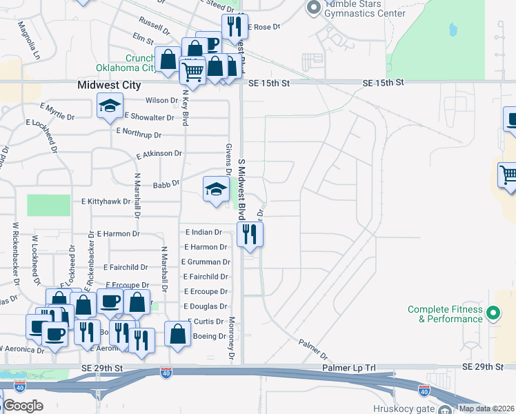 map of restaurants, bars, coffee shops, grocery stores, and more near 721 Palmer Drive in Midwest City