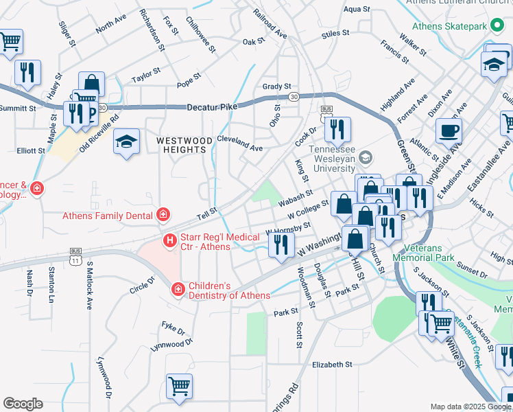 map of restaurants, bars, coffee shops, grocery stores, and more near 710 Wabash Street in Athens