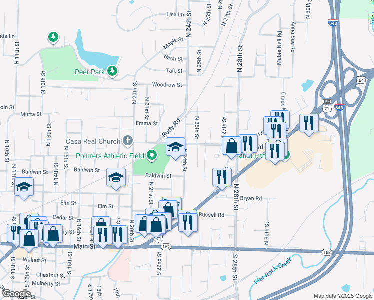 map of restaurants, bars, coffee shops, grocery stores, and more near 620 North 24th Street in Van Buren