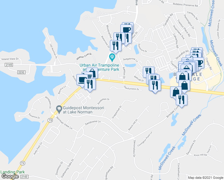 map of restaurants, bars, coffee shops, grocery stores, and more near 8010 Maxwelton Drive in Huntersville