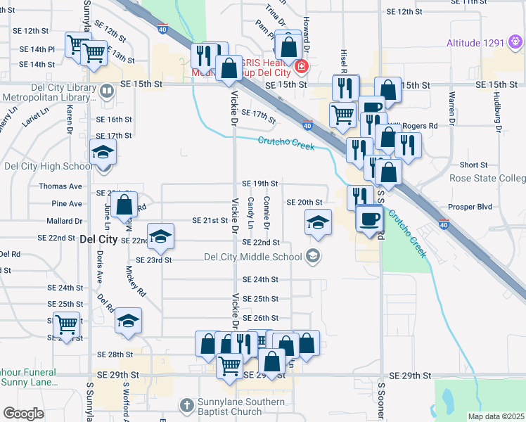 map of restaurants, bars, coffee shops, grocery stores, and more near 2113 Connie Drive in Del City