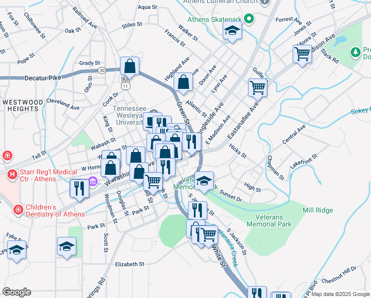 map of restaurants, bars, coffee shops, grocery stores, and more near 217 West Washington Avenue in Athens