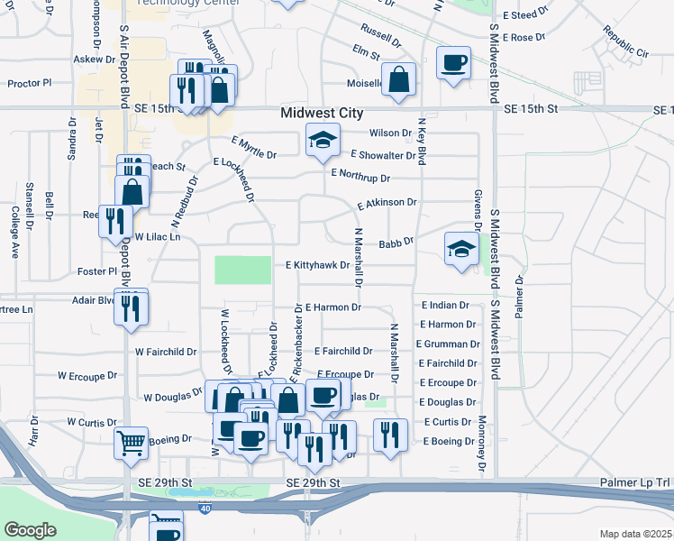 map of restaurants, bars, coffee shops, grocery stores, and more near 214 East Kittyhawk Drive in Midwest City
