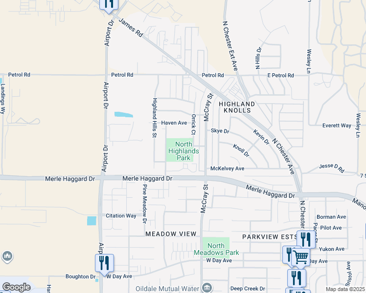 map of restaurants, bars, coffee shops, grocery stores, and more near 4201-4299 Orrick Court in Bakersfield