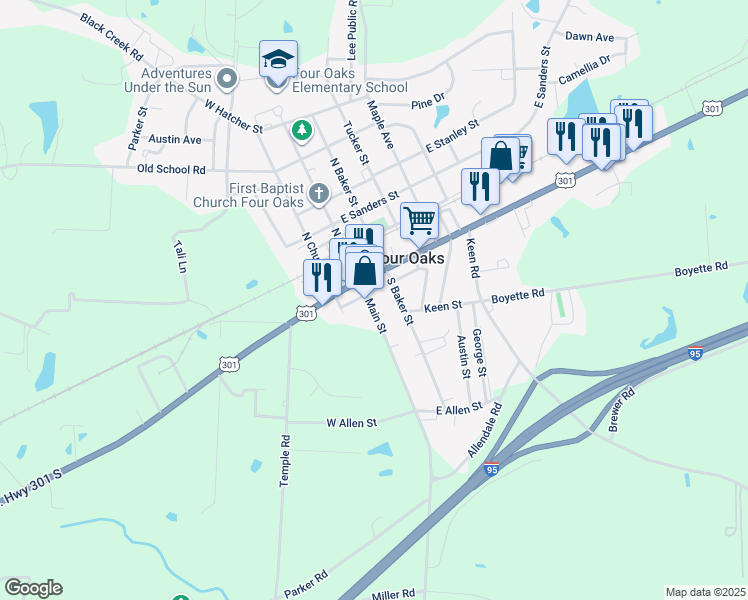 map of restaurants, bars, coffee shops, grocery stores, and more near 207 South Main Street in Four Oaks