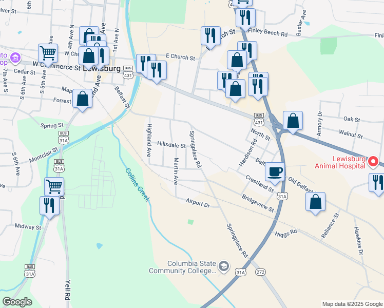 map of restaurants, bars, coffee shops, grocery stores, and more near 514 Springplace Road in Lewisburg